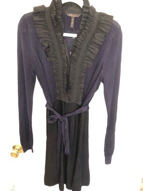 BCBGMaxAzria Navy and Black Ruffle-Trim Wrap Dress